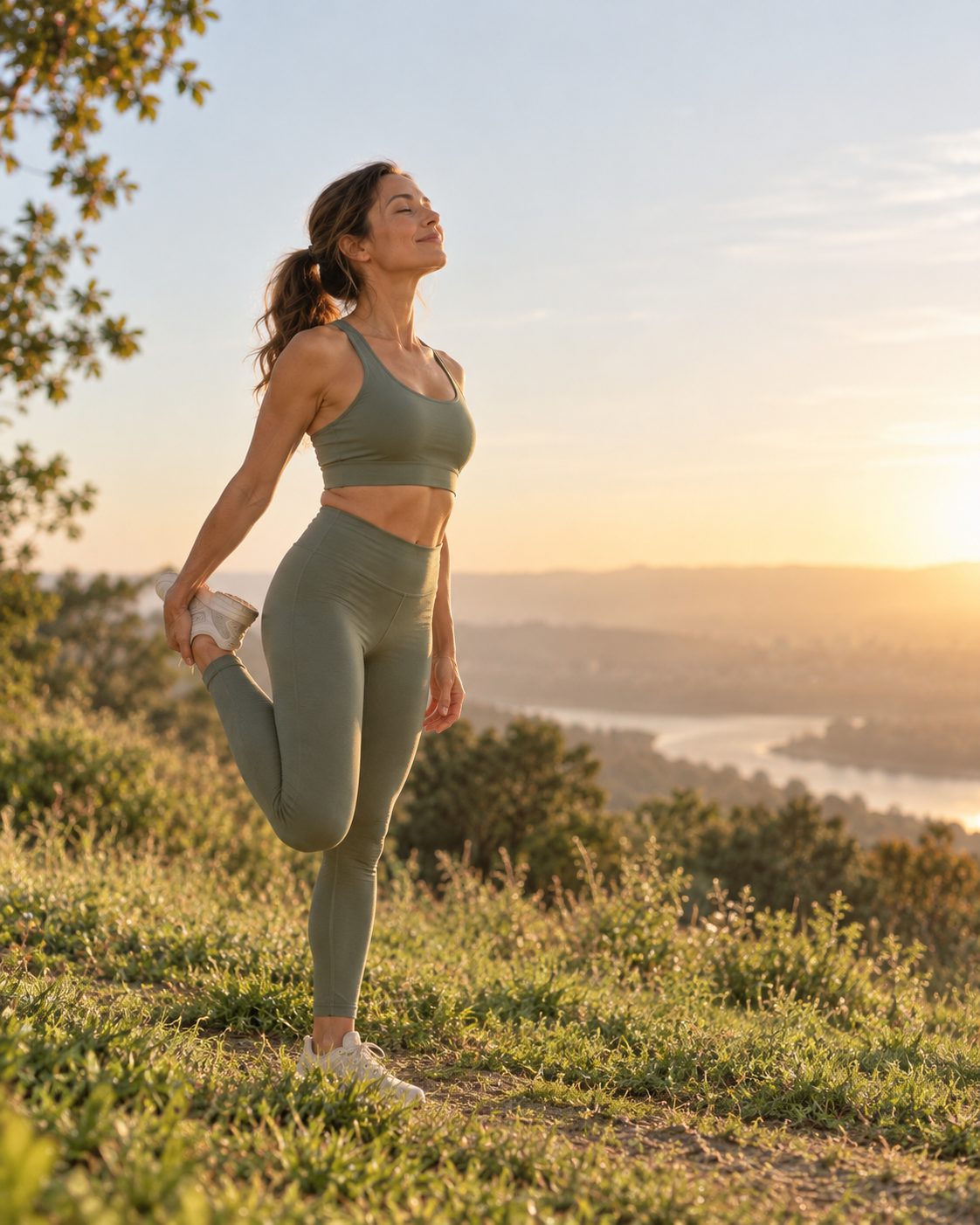 Woman stretching on a hilltop at sunrise
