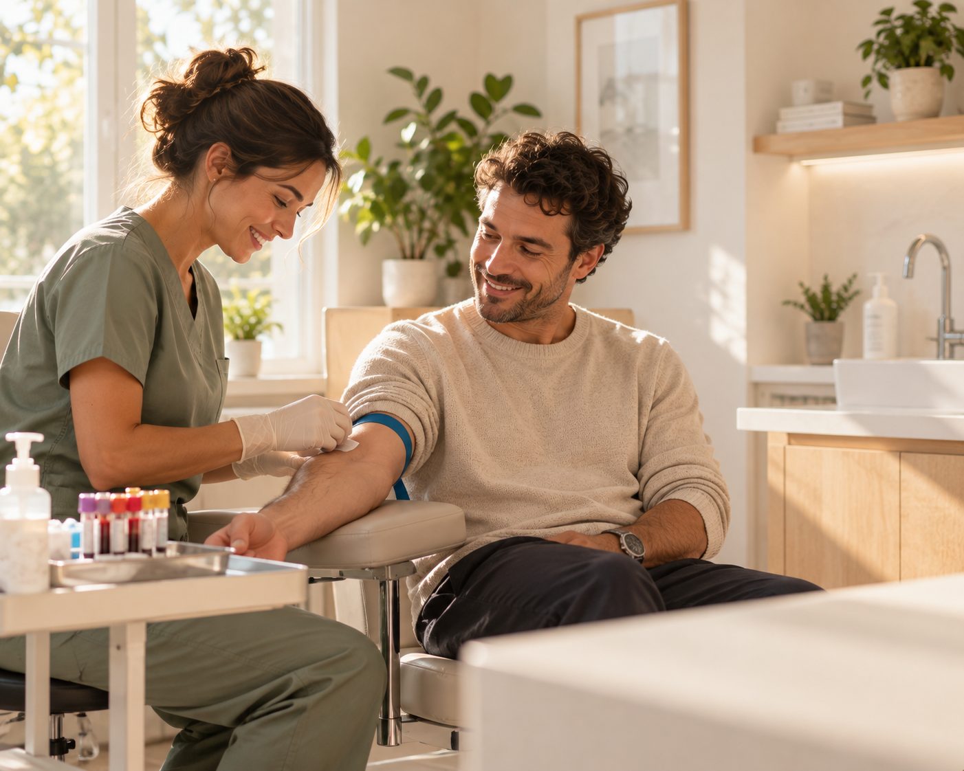 Smiling patient having blood drawn in a bright, calm clinic
