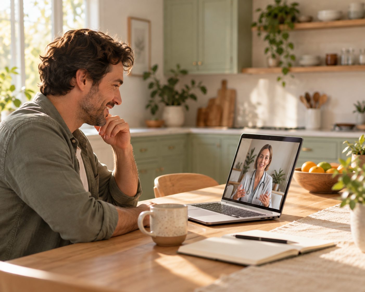 Man at his kitchen table on a video visit with his physician
